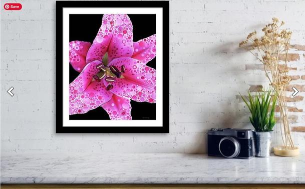 Pink lily art with a geometric pattern by artist and poet Sharon Cummings.  Haiku in post.