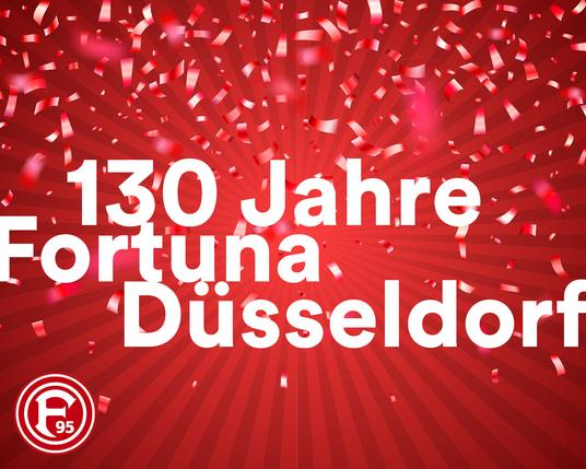 Eine rote Grafik mit viel Konfetti. Darauf steht in weißer Schrift "130 Jahre Fortuna Düsseldorf".