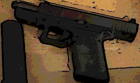 cartoon showing a black pistol, the slide is pulled back and the magazine is lying next to it