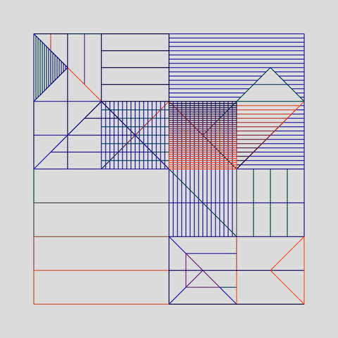 This image is a vibrant, geometric generative artwork featuring a complex grid of intersecting lines and shapes. The composition is divided into multiple sections, each filled with intricate patterns such as diagonal lines, horizontal stripes, and crosshatching. The use of various colors, including blue, red, green, and purple, adds depth and contrast to the design. The overall effect is a dynamic and visually engaging piece that showcases the interplay of geometry and color.