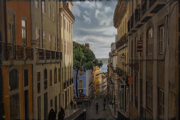 work in progress oil painting looking out towards the Tejo River from Praça Camões in late afternoon in Lisbon