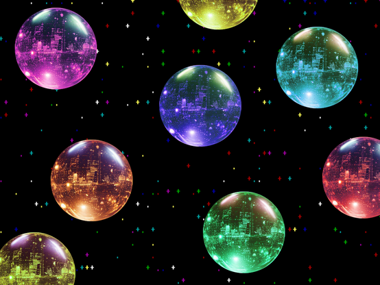 Glassy spheres of different (mostly primary) colors against a space background with colored ASCII stars made from random plus and dot characters