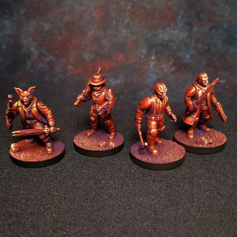 4 painted sci-fi cowboy miniatures against a dark backdrop. Painted in a stylised purple red.