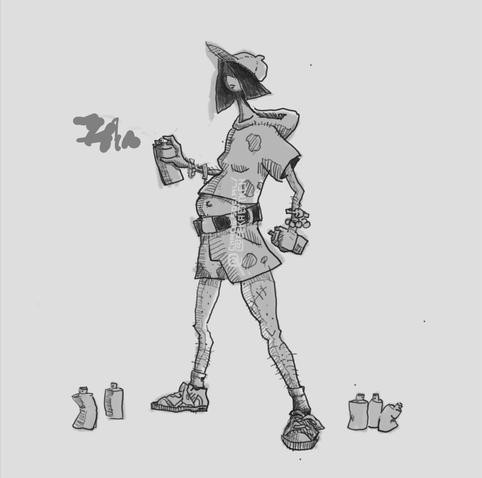Gray & black drawing of a person holding a spray can in each hand, wearing sneakers, bracelets, shorts and a hoodie shirt with color stains on it. Wearing a cap, eyes in the shadows, bob haircut. Spray cans on the ground, something sprayed in front of the person in grey.