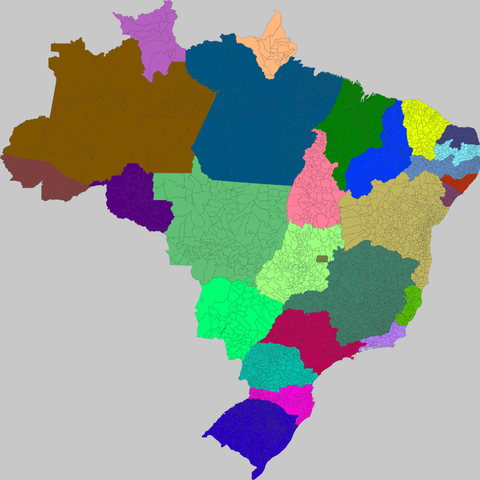 A map of Brazil, thinly subdivided into each municipality, states are colored with different random colors.