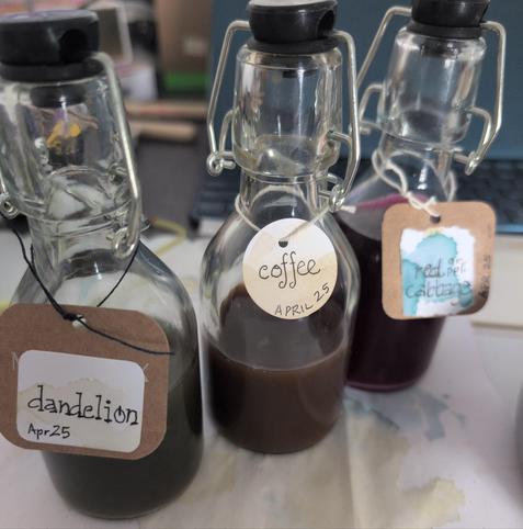 3 glass bottles with colored liquid. Tshs read, dandeluin, coffee, red cabbage.