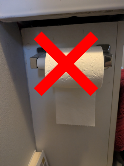 A photo of a toilet roll that has been installed in a way that is an affront to all of mankind and to God himself.  If you are under 18 or of a fragile disposition please do not view this image, unless you have an emotional support chinchilla with you.