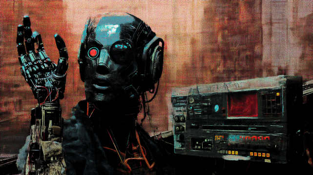 Protocole Rouillé.
Portrait d’un androïde vintage connecté à une console rétro dans un décor urbain dystopique.
Portrait of a vintage android linked to a retro console in a dystopian urban setting.