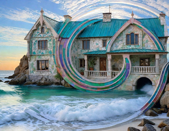 Fantasy beachfront stone house with mosaic embellishments and a sweeping spiral structural motif, on a rocky outcrop, with waves crashing beneath a pastel sky.