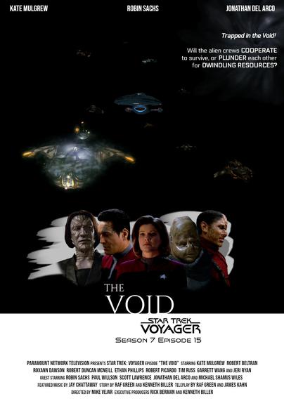 A poster for the Star Trek Voyager episode The Void, featuring the faces of Captain Janeway, First Officer Chakotay, and three aliens against a black backdrop with no stars, but light from about 9 spaceships flying in formation.