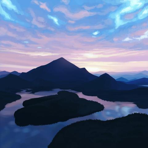 Another digital art study of a landscape: a lake reflecting a colorful sunrise