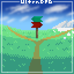Pixel art of a road that splits into two. A sign in the middle sits between the diverging path, a red arrow points to the right and a green one points to the left.