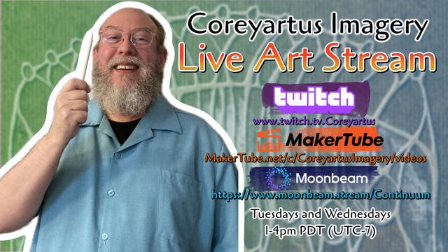 Promotional image for a livestream with a balding man holding a stylus and smiling, with text indicating platfroms and URLs beside him.