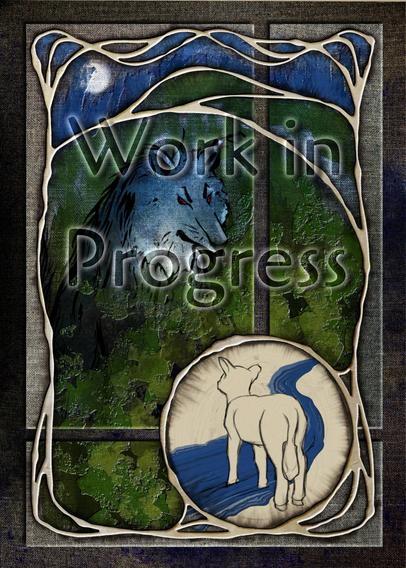 Work in progress illustration of a stylized Art Nouveau rendition of the fable, The Wolf and the Lamb, in blues and greens with lots of texture.