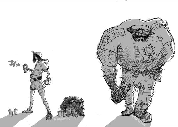 Digital drawing, black lines and gray shadow areas

A person with a cap, shorts, sneakers, bracelets and a hoodie-shirt holding a spray can in each hand. Something sprayed in front of them, gray shapes.

 On the ground, several other spray cans. 

A bulky compact dog with a grim face next to/ beneath them. It is wearing a backpack, spray cans come out of it.

On the right side, a huge muscular cop with a pig face, leaning forward while walling, holding a phone in one hand.