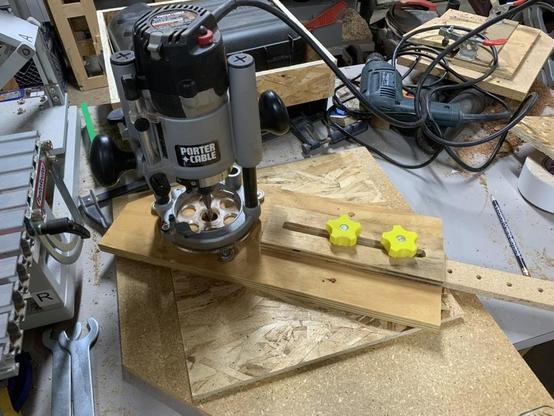 Router and circle jig setup to cut a bucket size hole in the OSB