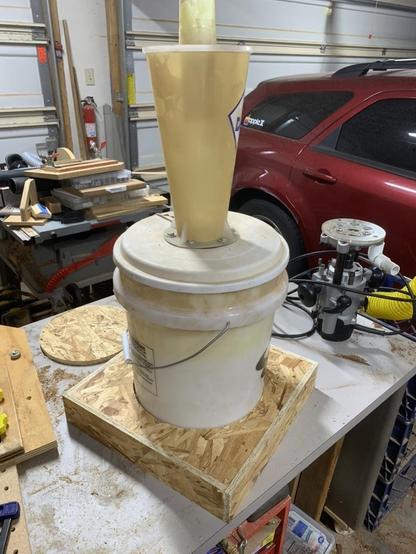Test fitting the bucket with cyclone on top. Perfect fit!