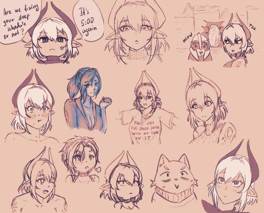 Collection of various daily sketches in form of collage. Featuring Lisa, cat Nito, Lanti’s OC Erika and a bunch of other OCs maybe.
Most of them are chibi or cartoony faces and strips, sometimes with comedic theme.
