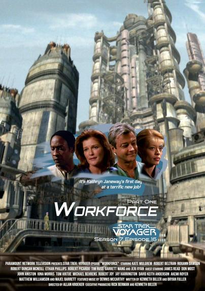 An industrial cityscape With round cameos of Tukok, Janeway, guest star, and Seven in the center. 

It's Kathryn Janeway's first day at a terrific new job!