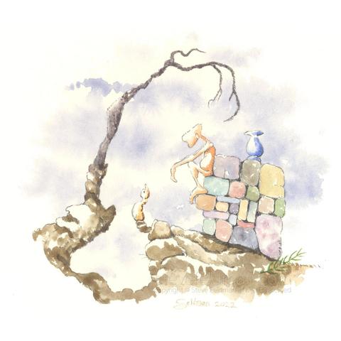 My watercolor painting titled “The Fog of Grief Reflecting on Memories of the Past” has a figure forlornly contemplating events in a sparse landscape while seated on a rock wall atop which sits a blue urn.