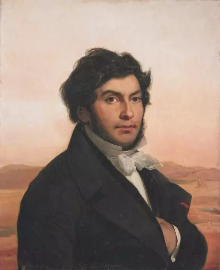 This image appears to be a portrait of a man from the 19th century. He is dressed in formal attire, featuring a dark coat and a white cravat. The background has a soft, pastel hue with landscapes visible, indicating an outdoor setting. The subject has a confident expression and a well-groomed appearance. If you need further analysis or context about the style or period, feel free to ask!

Image Credits: Wikimedia / Léon Cogniet / Public domain