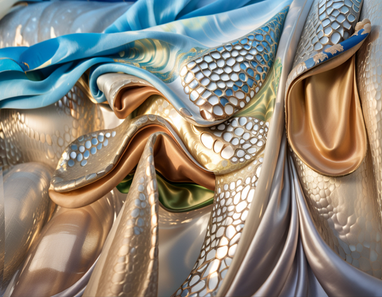 Intricate layers of mermaid-inspired shimmery silken fabrics, embellished with iridescent scale patterns, in luxurious soft blues and golds that blend harmoniously.