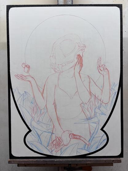 Initial drawing on canvas for a painting of a woman with a lynx skull for a head, with 4 arms. One hand is holding a hose from a gas pump, one hand is on her cheek, one holds up 2 fingers, one is palm up with a zippo lighter floating just above. She is surrounded by plants and bird of paradise flowers.