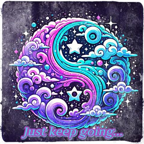 The image showcases a visually stunning and artistic yin-yang symbol, symbolizing balance and harmony. The symbol is crafted with swirling sections, one in vibrant shades of blue and the other in shades of purple, adding a captivating depth to its design. Each section is intricately detailed with cloud patterns and star motifs, creating a celestial and ethereal theme. Surrounding the yin-yang symbol is a dark, starry night sky scattered with countless twinkling stars that enhance the celestial atmosphere. Below the yin-yang symbol, the motivational phrase "Just keep going..." is elegantly displayed in a stylish, cursive font. The text features a gradient effect that transitions between blue and purple, harmonizing with the colors of the symbol itself. The overall composition of the image radiates inspiration and encouragement, blending artistic beauty with a message of perseverance and resilience.