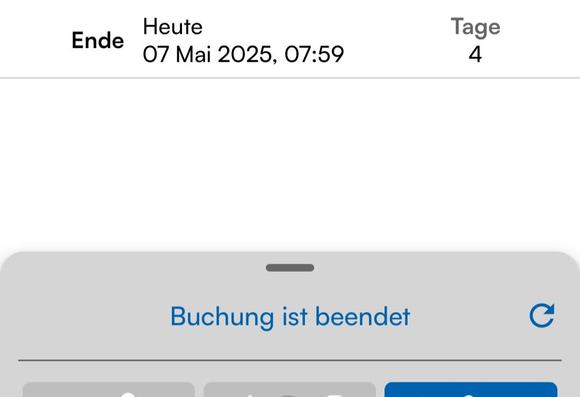 Screenshot of a car sharing app showing return date and time of a booked car as "Today, 7th May 07:59" (but in German)