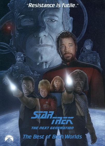 Artist: Martin Schlierkamp

Source:
- https://posterspy.com/posters/star-trek-the-best-of-both-worlds/
- https://www.martinschlierkamp.de/

A poster for the Star Trek The Next Generation episode "The Best of Both Worlds", featuring Data and Worf firing phasers, Dr Crusher and another Star Fleet officer is behind them, Riker stands above them looking off into the distance, and Locutus face is behind them all looking directly at the viewer.