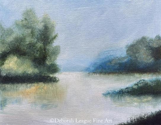 Misty morning on tranquil inlet, oil painting. The morning sun reflects gently on the calm water, creating hazy reflections of surrounding trees and small islands. Mist from the cool night is just beginning to burn off. The sky shows all the promise of a new day, blue with white clouds starting to form. Trees and bushes grow tall on the larger islands, while the smaller islands support grasses that wave in the breeze.