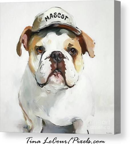 This is a canvas of a sweet bulldog named Bruno who's wearing a baseball hat that says Mascot against a soft white background.