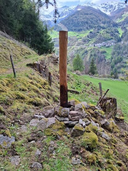 Round larch fence post wedged and fixed with stones below a cow path. Mountainlandscape, forest and small village in the background.