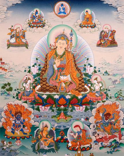 Graphic image from Tibetan Buddhism showing the Guru Rinpoche Padmasambhava surrounded by his 8 manifestations for Guru Rinpoche Day.