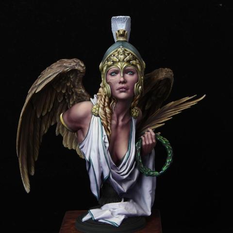 The most striking feature is the ornate golden helmet, crowned with a white crest and adorned with intricate detailing of laurel leaves and symmetrical filigree, symbolizing victory and nobility. The helmet frames the subject's face perfectly, emphasizing her piercing, otherworldly gaze that exudes both vulnerability and determination. Her expression is serene yet commanding, a balance that suggests wisdom paired with martial prowess. The most striking feature is the ornate golden helmet, crowned with a white crest and adorned with intricate detailing of laurel leaves and symmetrical filigree, symbolizing victory and nobility. The helmet frames the subject's face perfectly, emphasizing her piercing, otherworldly gaze that exudes both vulnerability and determination. Her expression is serene yet commanding, a balance that suggests wisdom paired with martial prowess.