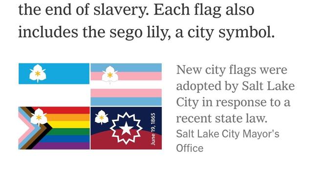 flags
one with the rainbow colors of the Pride flag, a second with the pink and blue of the transgender Pride flag and a third with a symbol and date referring to the Juneteenth holiday that commemorates the end of slavery. Each flag also includes the sego lily, a city symbol.