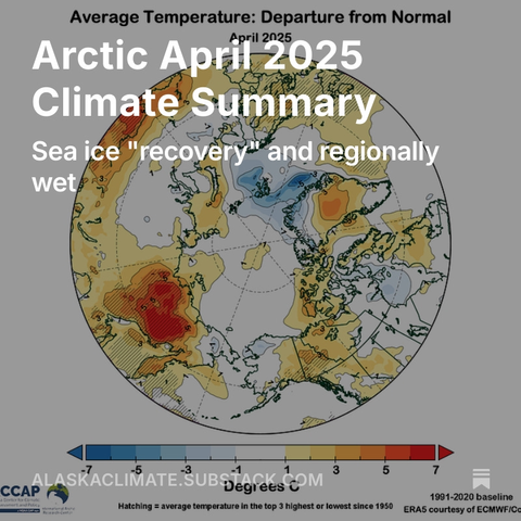Splash screen for the Arctic April 2025 Climate Summary: Sea ice “recovery” and regionally wet