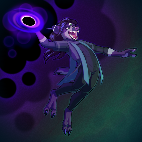 A vector illustration of an anthro hyena-like character. They wear an avant-garde black and green outfit and leap in the air, ready to spike a ball of purple energy with a black hole at its center. Unlike a typical hyena, they have three eyes, black and purple fur, and only two digits on each of their hands and feet. They grin menacingly, showing their sharp teeth.