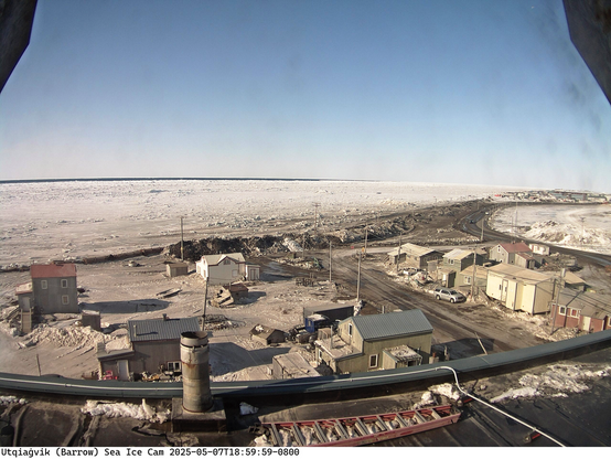 Webcam image from the UAF Sea ice cam Wednesday evening May 7, 2025. The camera is looking almost due north from atop the bank building in downtown Utqiaġvik.