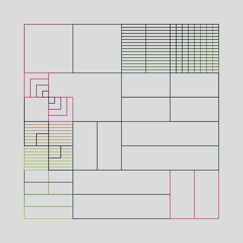 This image is a geometric generative artwork featuring a grid of intersecting lines and shapes. The design includes horizontal and vertical stripes, nested squares, and intricate patterns in vibrant colors like pink, green, and blue. The composition creates a sense of depth and movement, with a focus on symmetry and layering.