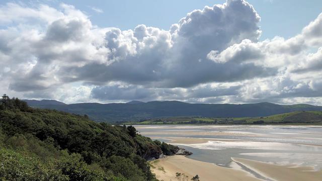 This picture captures a serene coastal landscape featuring a sweeping view of an estuary with tidal flats. The foreground showcases dense, green vegetation with a few leafy branches framing the scene. Beyond the vegetation, the estuary's shallow waters and sandbanks create intricate patterns. In the distance, rolling hills covered in lush green grass stretch across the horizon, bathed in sunlight that highlights various shades of green. The sky above is partly cloudy, with large, fluffy clouds casting dappled shadows on the landscape, complemented by patches of bright blue sky. The overall atmosphere is calm and picturesque, evoking a sense of peaceful natural beauty.