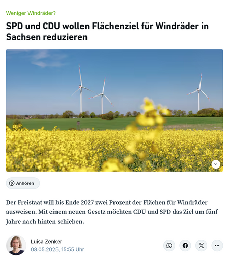 Bildschirmfoto eines Artikels der Sächsischen Zeitung mit dem Titel "SPD und CDU wollen Flächenziel für Windräder in Sachsen reduzieren"