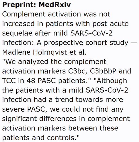 Preprint: MedRxiv
Complement activation was not increased in patients with post-acute sequelae after mild SARS-CoV-2 infection: A prospective cohort study — Madlene Holmqvist et al.
"We analyzed the complement activation markers C3bc, C3bBbP and TCC in 48 PASC patients." "Although the patients with a mild SARS-CoV-2 infection had a trend towards more severe PASC, we could not find any significant differences in complement activation markers between these patients and controls."