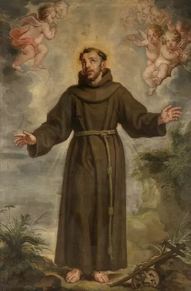 The image depicts a painting of Saint Francis of Assisi, who is shown with a humble expression and wearing a brown robe tied with a rope. He stands with his arms outstretched, and there are angelic figures or cherubs above him in the clouds. The background features a natural landscape, possibly symbolizing his connection to nature and the environment. The overall mood of the painting is serene and spiritual.

Image Credits: Wikimedia / Philip Fruytiers / Public domain