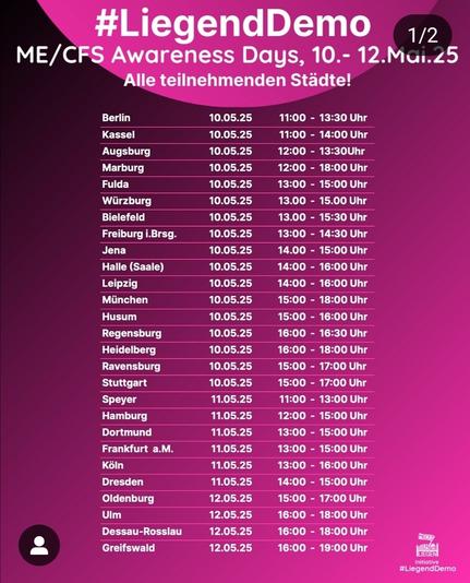 Das Bild zeigt eine Veranstaltungskalender für die "#LiegendDemo" im Rahmen der ME/CFS Awareness Days vom 10. bis 12. Mai 2025. Der Hintergrund ist in einem violett-pinken Farbton gehalten. Oben steht in großen weißen Buchstaben "#LiegendDemo" und darunter "ME/CFS Awareness Days, 10.-12.Mai.25" sowie "Alle teilnehmenden Städte!".

Unterhalb des Titels ist eine Liste der Städte aufgeführt, in denen die Demonstration stattfindet, zusammen mit den jeweiligen Daten und Zeiten. Die Städte sind alphabetisch sortiert und umfassen Berlin, Kassel, Augsburg, Marburg, Fulda, Würzburg, Bielefeld, Freiburg i.Brsg., Jena, Halle (Saale), Leipzig, München, Husum, Regensburg, Heidelberg, Ravensburg, Stuttgart, Speyer, Hamburg, Dortmund, Frankfurt a.M., Köln, Dresden, Oldenburg, Ulm, Dessau-Rosslau und Greifswald. Jede Stadt hat eine spezifische Zeitangabe, die in der Form "Tag.Monat.Jahr - Uhrzeit" angegeben ist.

Am unteren Rand des Bildes befindet sich ein Logo mit der Aufschrift "Initiative #LiegenDemo".

Bereitgestellt von @altbot, privat und lokal generiert mit Ovis2-8B

🌱 Energieverbrauch: 0.325 Wh