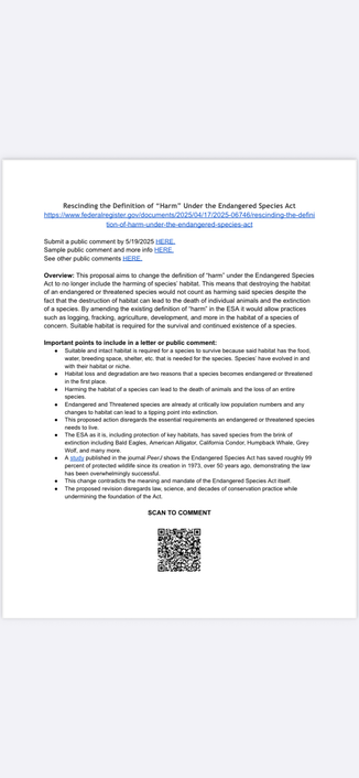 A picture of the form for commenting on the  “renaming harm” of the endangered species act. A QR code is near the bottom of the picture (the dark spot about three quarters down the image)