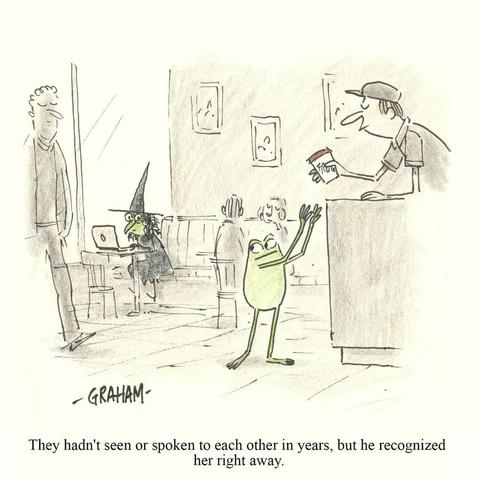 A cartoon illustration of a frog in a cafe getting his coffee and looking over at a witch on a laptop who is staring at him. Caption reads "They hadn't seen or spoken to each other in years, but he recognized her right away."