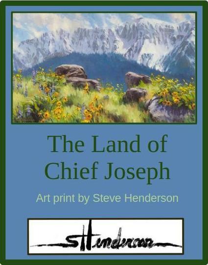 Art print of an original oil painting depicting spring wildflowers in a mountain landscape.