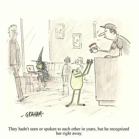 A cartoon illustration of a frog in a cafe getting his coffee order and looking at a witch on a laptop. Caption reads "They hadn't seen or spoken to each other in years, but he recognized her right away."
