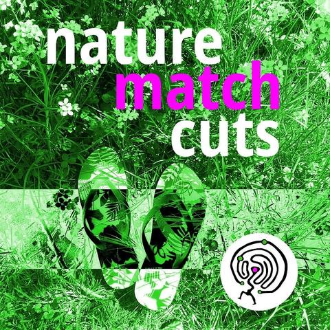 Logo of my podcast: stylised green meadow with flowers and floral flip flops. The words nature (white) match (pink) cuts (white) and my logo showing a person inside an stone age labyrinth.
